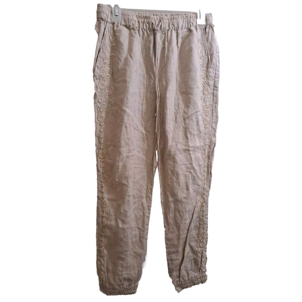 Johnny Was LA Kemi Linen Jogger Pants Women's S Beige Floral Embroidered Preppy